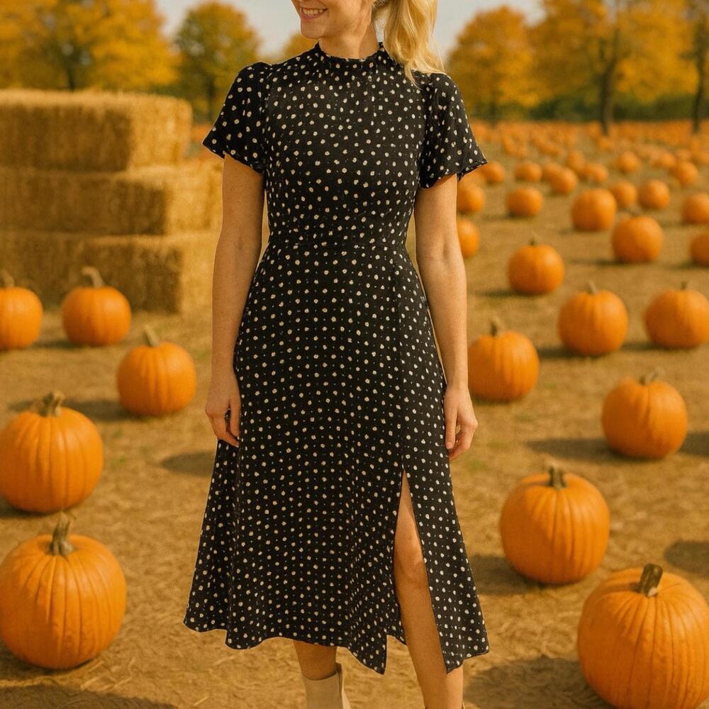 Miss Selfridge Dress 12 Black Polka Dot Mock Neck Modest Flutter Sleeve